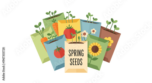 Spring seeds, vegetable seeds, garden seeds, colorful icons, gardening collection