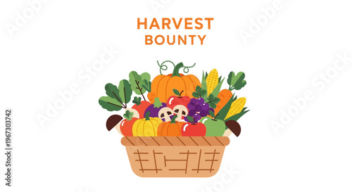 Harvest bounty, colorful vegetables, fruits, and pumpkins in a wicker basket, Thanksgiving symbols