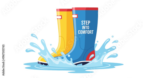 Rain boots, waterproof footwear, rubber boots, comfort shoes, yellow and blue