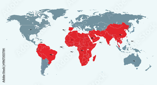 World map highlighting regions affected by malaria with red areas indicating high risk zones and mosquito icons