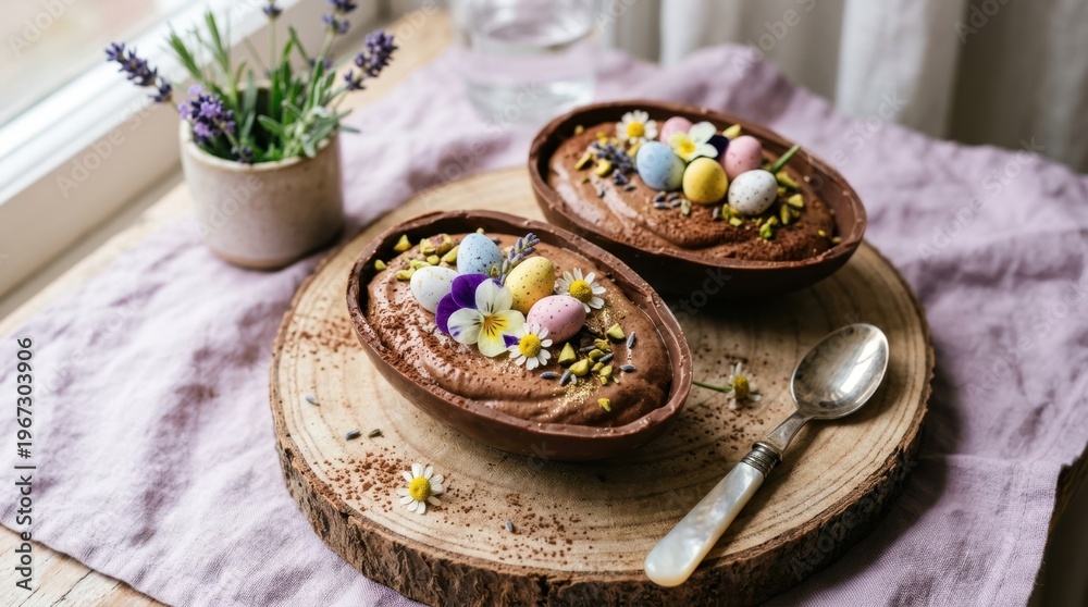 Fototapeta premium Delicious chocolate Easter eggs filled with mousse and decorated with small candy eggs and flowers