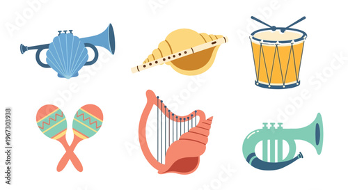Colorful illustration of various musical instruments arranged on a white background