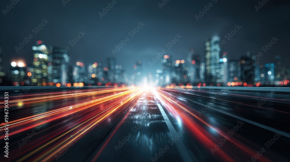 Obraz premium Cityscape at Night with Abstract Light Trails, Urban Landscape, and Modern Architecture