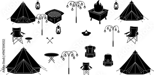 Camping outdoor recreation equipment set featuring glamping tents folding chairs backpacks lanterns and portable fire pits in black silhouette vector style for nature adventure travel illustration