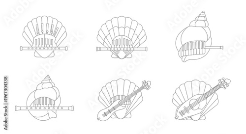 Line art illustration of seashells transformed into various stringed instruments