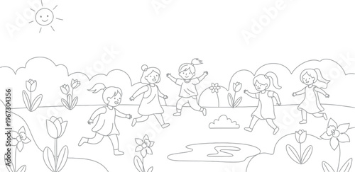 Happy little cartoon girls joyfully running and playing together in a beautiful springtime garden scene under a cheerful smiling sun, perfect for a children's coloring book illustration.