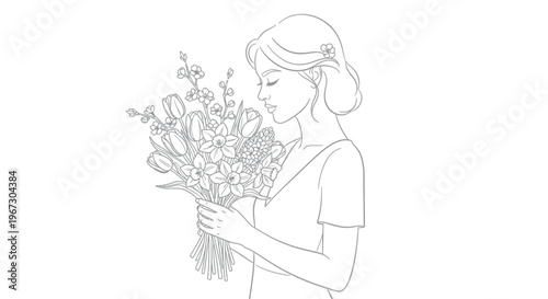 Beautiful line art illustration of a serene young woman enjoying the fresh fragrance of a vibrant spring flower bouquet, perfect for a peaceful coloring book page or elegant greeting card design.