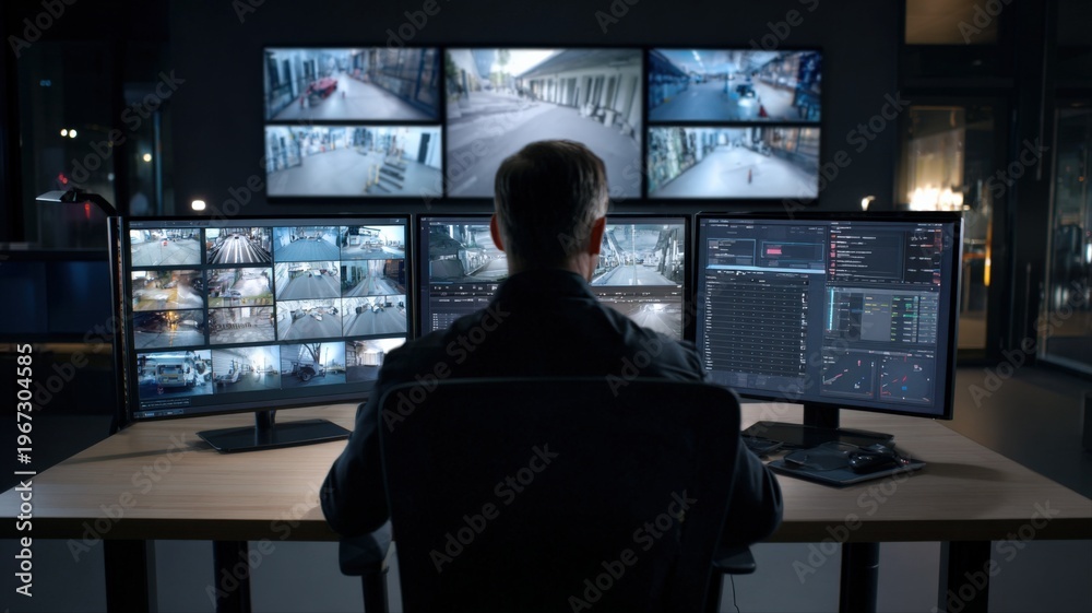 Fototapeta premium Security Control Room Operator Monitoring Multiple Surveillance Camera Feeds for Crime Prevention and Safety