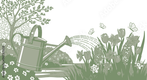 A charming illustration depicts a metallic watering can nourishing a vibrant spring garden filled with colorful tulips, daffodils, and hyacinths under a bright sky, symbolizing care for new growth.