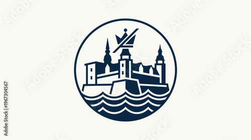 Elegant Vector Logo Featuring a Castle and Waves