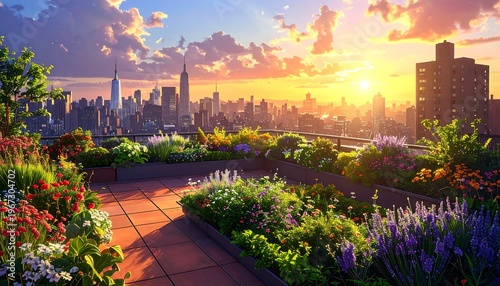 A vibrant city garden at sunset with colorful flowers