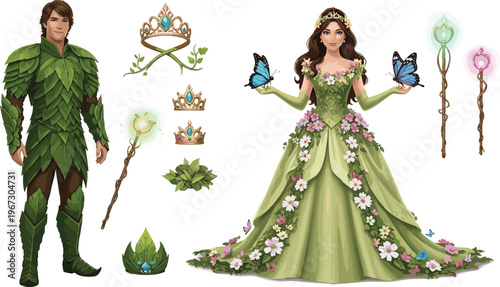 Fantasy Fairy Couple Set with Leafy Outfits, Crowns, Wands, and Butterflies for Magical Character Design and Costume Illustration