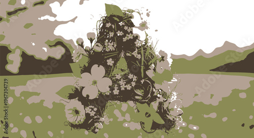 A beautifully crafted letter "A" formed from natural twigs and vibrant spring blossoms stands proudly in a sun-drenched meadow, symbolizing new beginnings and the joy of the blooming season.