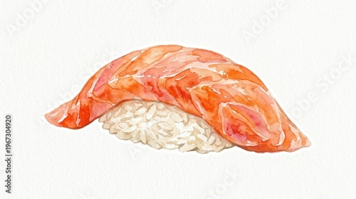 Watercolor painting of a salmon nigiri sushi piece with rice. Artistic and fresh style on white paper background. Ideal for menu design, culinary blogs, or food packaging.