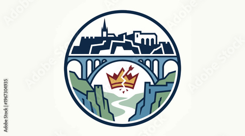 Stylized Cityscape with Bridge and Broken Crown Design