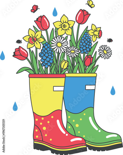 Colorful rain boots overflowing with vibrant spring flowers, surrounded by gentle raindrops, playful butterflies, and tiny ladybugs, celebrating the joyous arrival of the spring season.