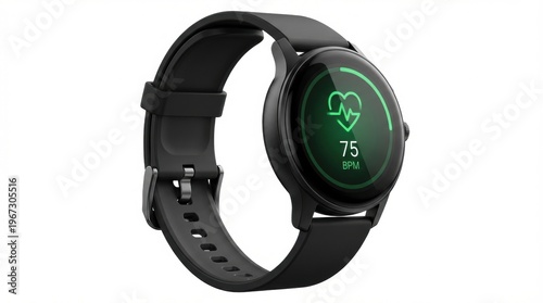 A black smartwatch with a green display showing a heart rate of 75 BPM. This device represents modern health tracking and technology. Useful for fitness, health, and wearable tech themes.