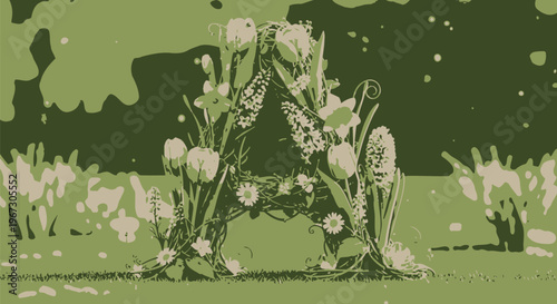 A magnificent initial letter "A" meticulously crafted from natural intertwining branches and adorned with vibrant spring flowers, elegantly displayed on a lush green lawn.