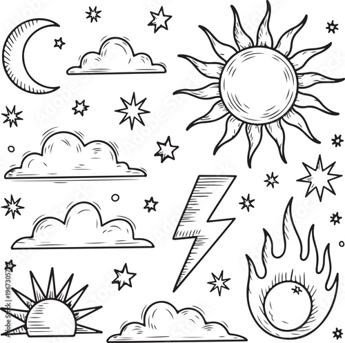 Weather icons and symbols including sun moon clouds lightning and stars