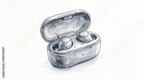 Watercolor illustration of wireless earbuds in an open charging case. Minimalist artistic style with soft blue and gray tones on a white background. Use for tech reviews or audio blogs.