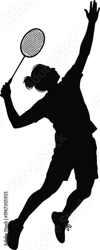 Silhouette of female badminton player serving, action pose, dynamic movement.