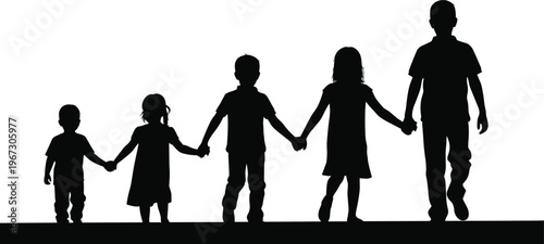 Silhouette of family holding hands, parents and children walking together on transparent background.