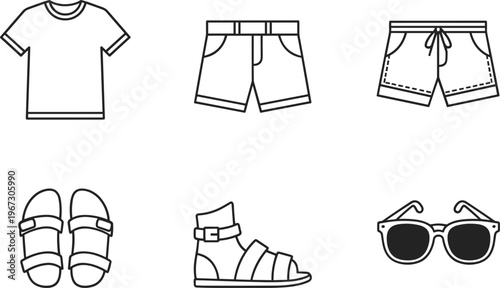 Set of white summer clothing and accessories for vacation including t-shirt shorts sandals sunglasses.