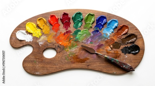 A wooden artist palette with smears of vibrant oil paint and a palette knife. Represents creativity and the artistic process. Suitable for art school materials or creative industry marketing.