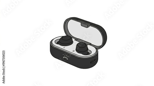Black wireless earbuds sitting in their open charging case. Modern minimalist technology for listening to music. Suitable for tech reviews, product catalogs, or advertising.