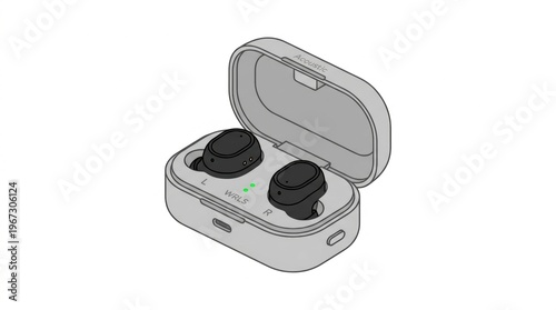 Black wireless earbuds inside open grey charging case. Clean isometric illustration of modern audio technology. Suitable for electronics manuals or tech product marketing materials.