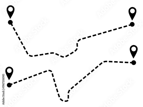 Dotted routes with Location pointers. Isolated vector illustrations on a white background.