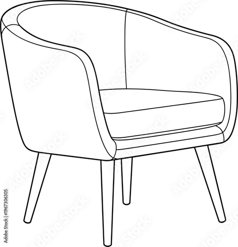 Outline drawing of a modern armchair with four legs.