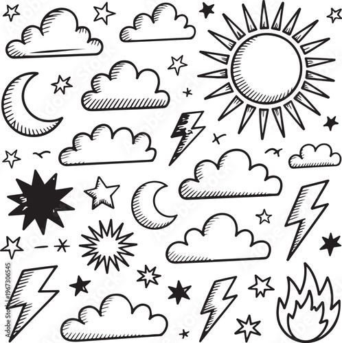 Black and white weather icons including sun moon clouds lightning and stars