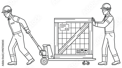 Warehouse workers moving heavy crate with manual pallet jack on white.
