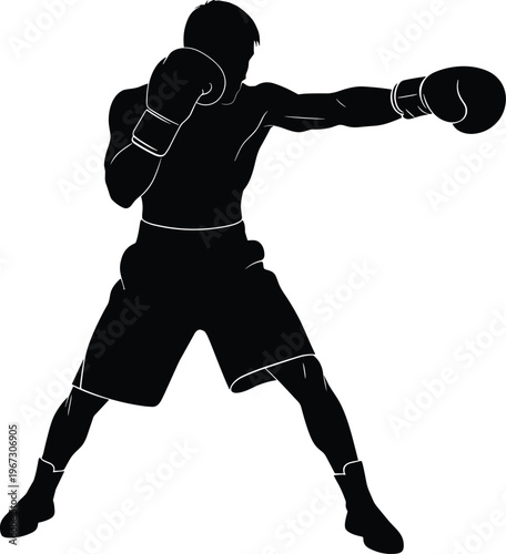 Silhouette of a boxer throwing a punch with boxing gloves on a transparent background.