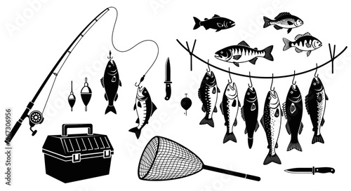 Fishing gear and caught fish illustration.