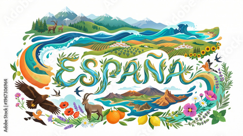  illustration of Spain with natural landscapes, fauna and typical flora.