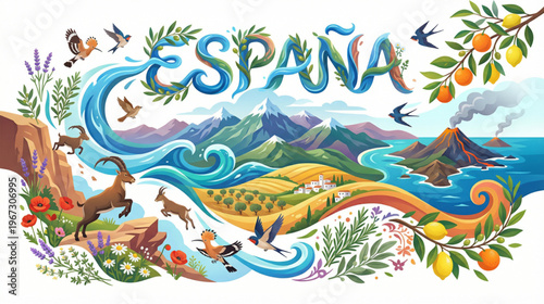  illustration of Spain with natural landscapes, fauna and typical flora.