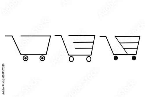 Minimalist shopping cart icon set, black line art retail trolley symbols, 3 vector elements for e-commerce and digital storefront interface design