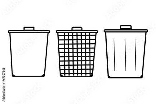 Minimalist trash can icons set, black and white waste bin vector illustrations, simple garbage container line art for web and app design