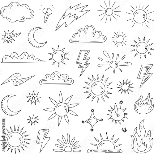 Collection of hand drawn celestial and weather icons