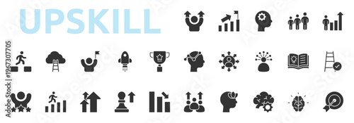 Upskill icon glyph style with success, growth, creative thinking, teamwork, career growth icons