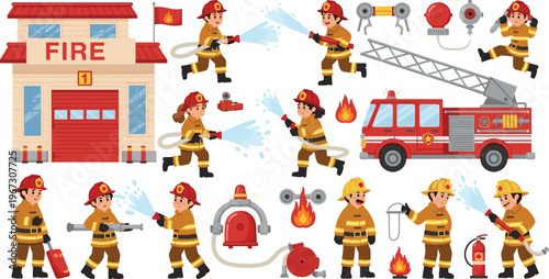 Firefighter Rescue Set with Fire Truck, Hose, Pump, and Emergency Equipment for Fire Safety and Firefighting Illustration