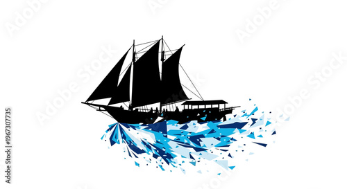 Sailing Ship Sails Ocean Waves.