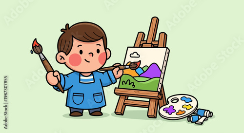cartoon boy painting on easel with brush and palette