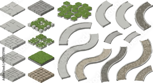 Isometric stone path tiles and curved road elements, 22 modular garden walkway pieces, gray pavement and green grass landscape vector set for games
