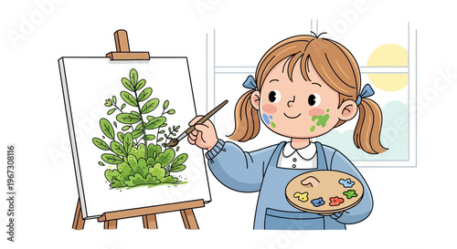 cartoon girl painting green plant on canvas with brush