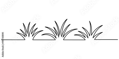 Minimalist continuous line drawing of three small tufts of grass growing from a single ground line