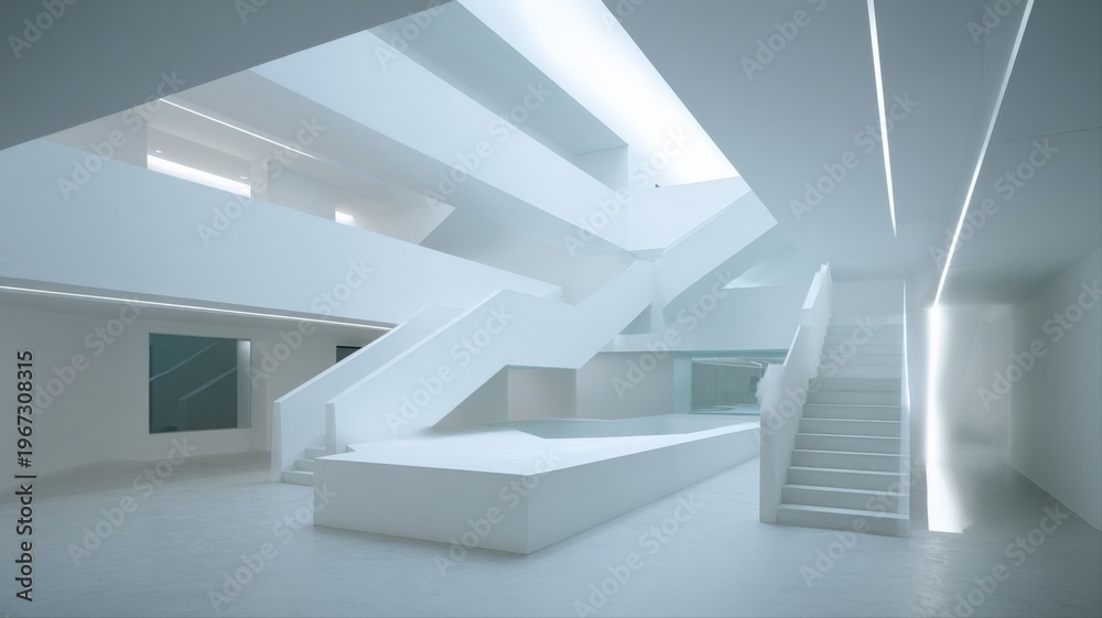 Fototapeta premium Modern Minimalist Interior Design with White Architecture, Staircases, and Geometric Forms for Creative and Contemporary Spaces