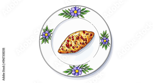 Baked pizza slice with toppings on decorative white plate  